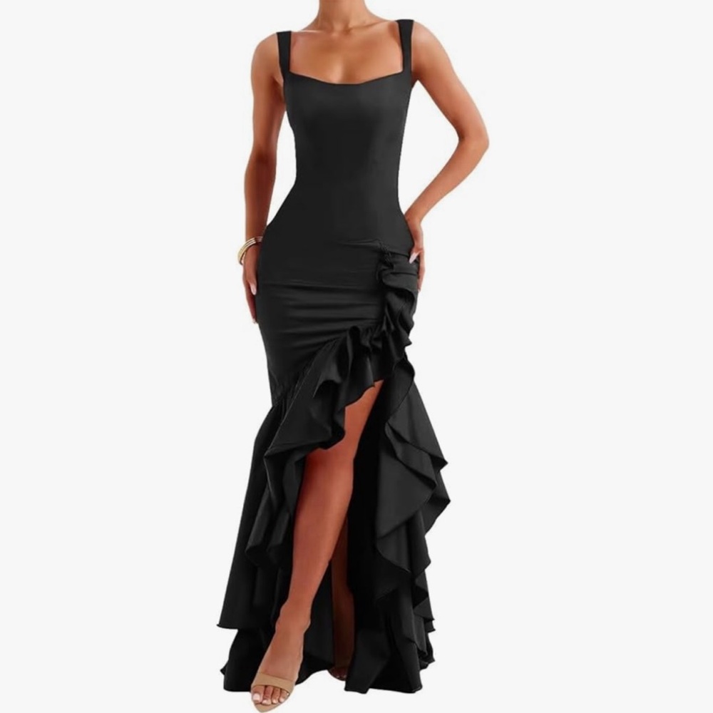 Black Ruffled Asymmetrical High Low Dress